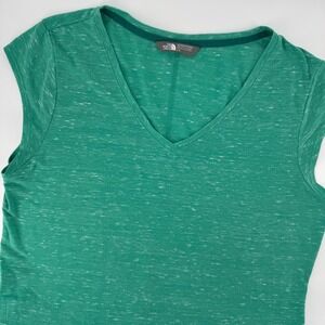North Face Women Large Green Space Dye V-Neck Cap Sleeveless Athletic Tshirt Top